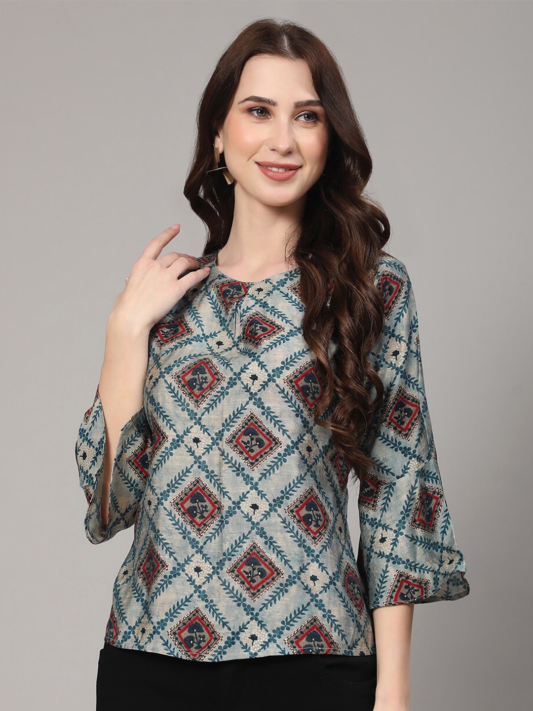 

V TRADITION Floral Printed Bell Sleeves Top, Grey