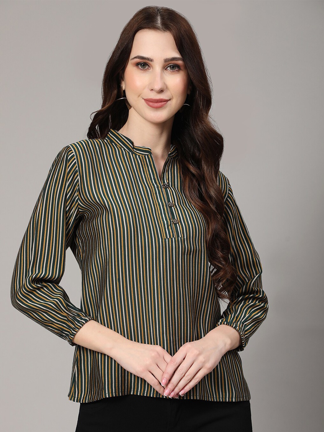 

V TRADITION Striped Mandarin Collar Casual Top, Green
