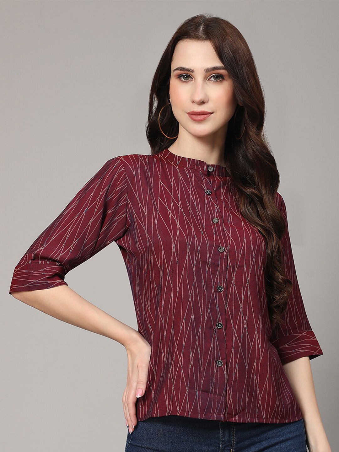 

V TRADITION Abstract Printed Mandarin Collar Shirt Style Top, Maroon