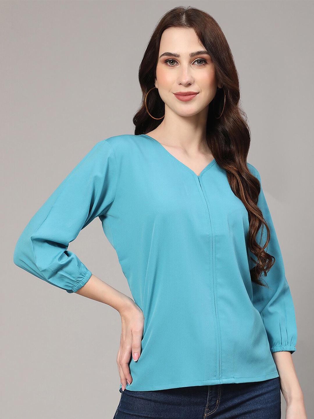 

V TRADITION V-Neck Three-Quarter Sleeves Regular Top, Blue