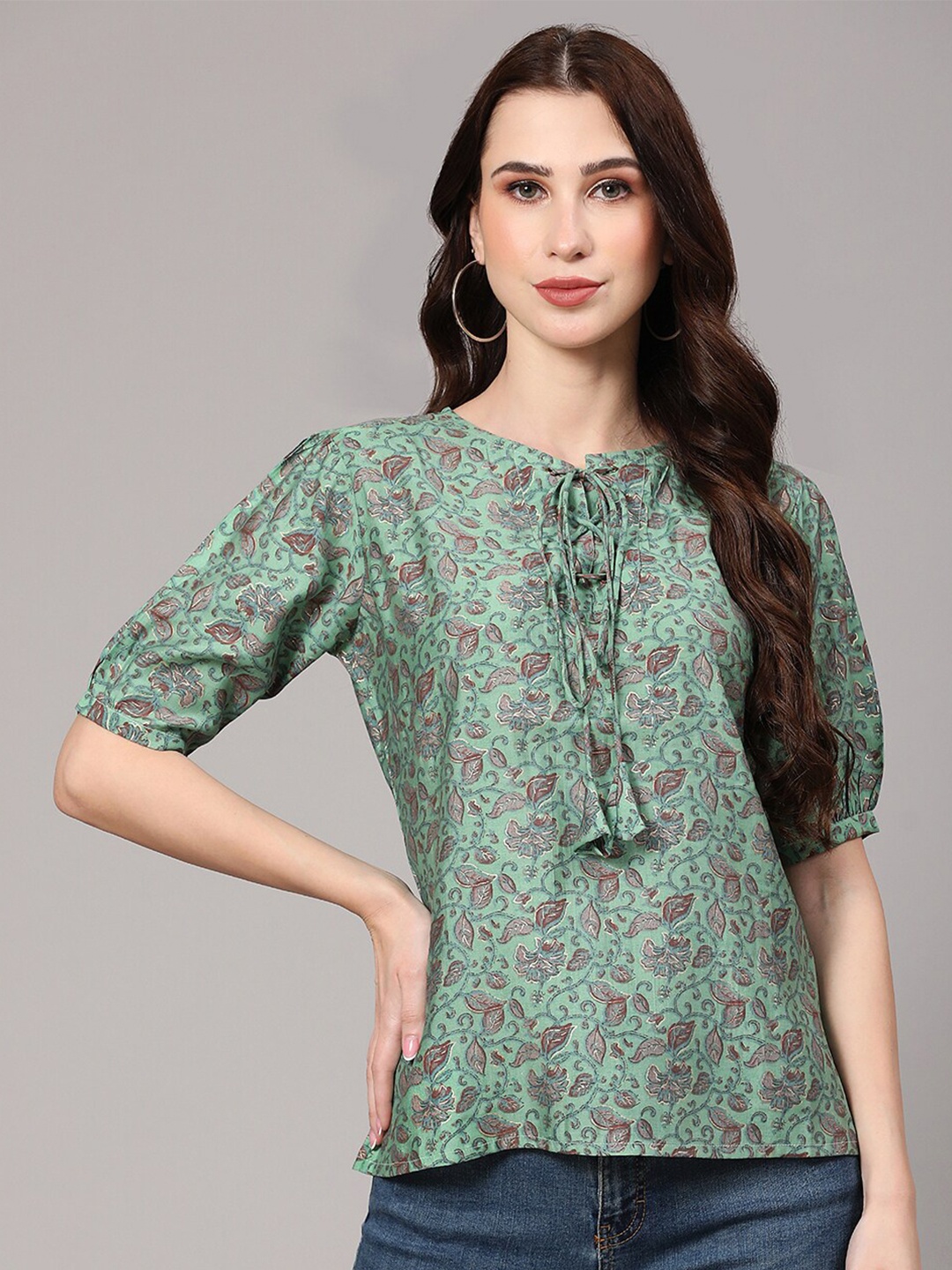 

V TRADITION Floral Printed Tie-Up Neck Cotton Top, Green