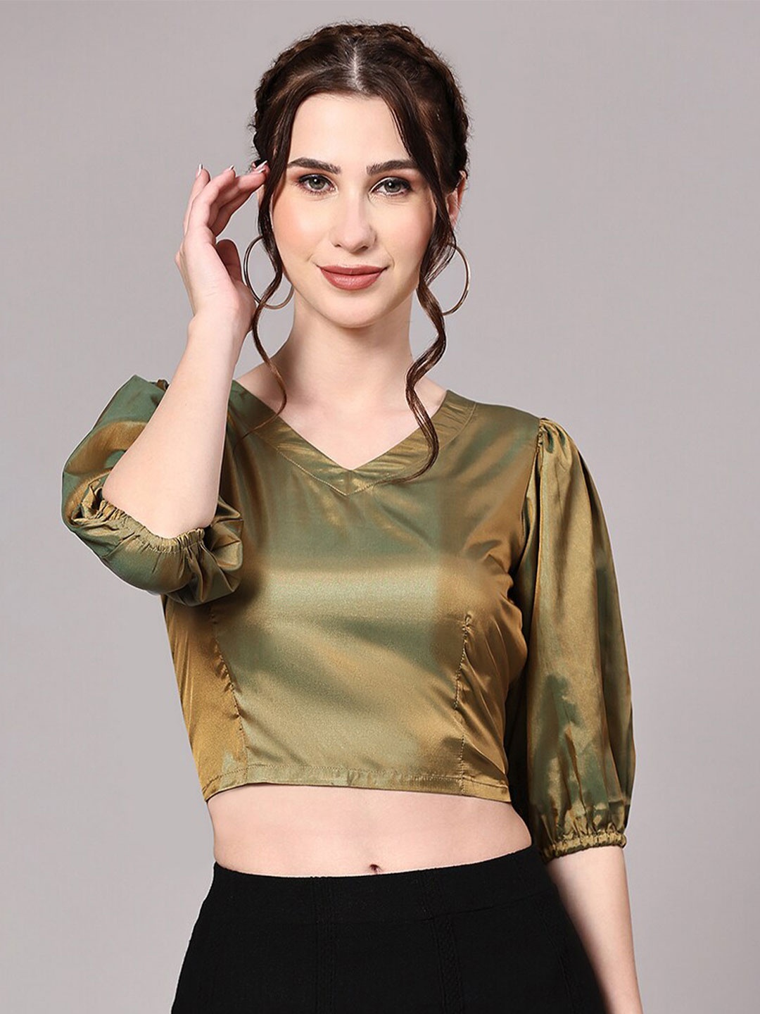 

V TRADITION V-Neck Puff Sleeve Regular Crop Top, Green