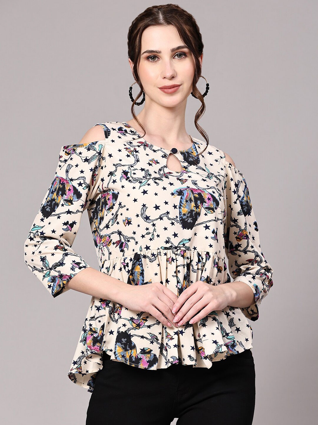 

V TRADITION Floral Print Keyhole Neck Peplum Top, White
