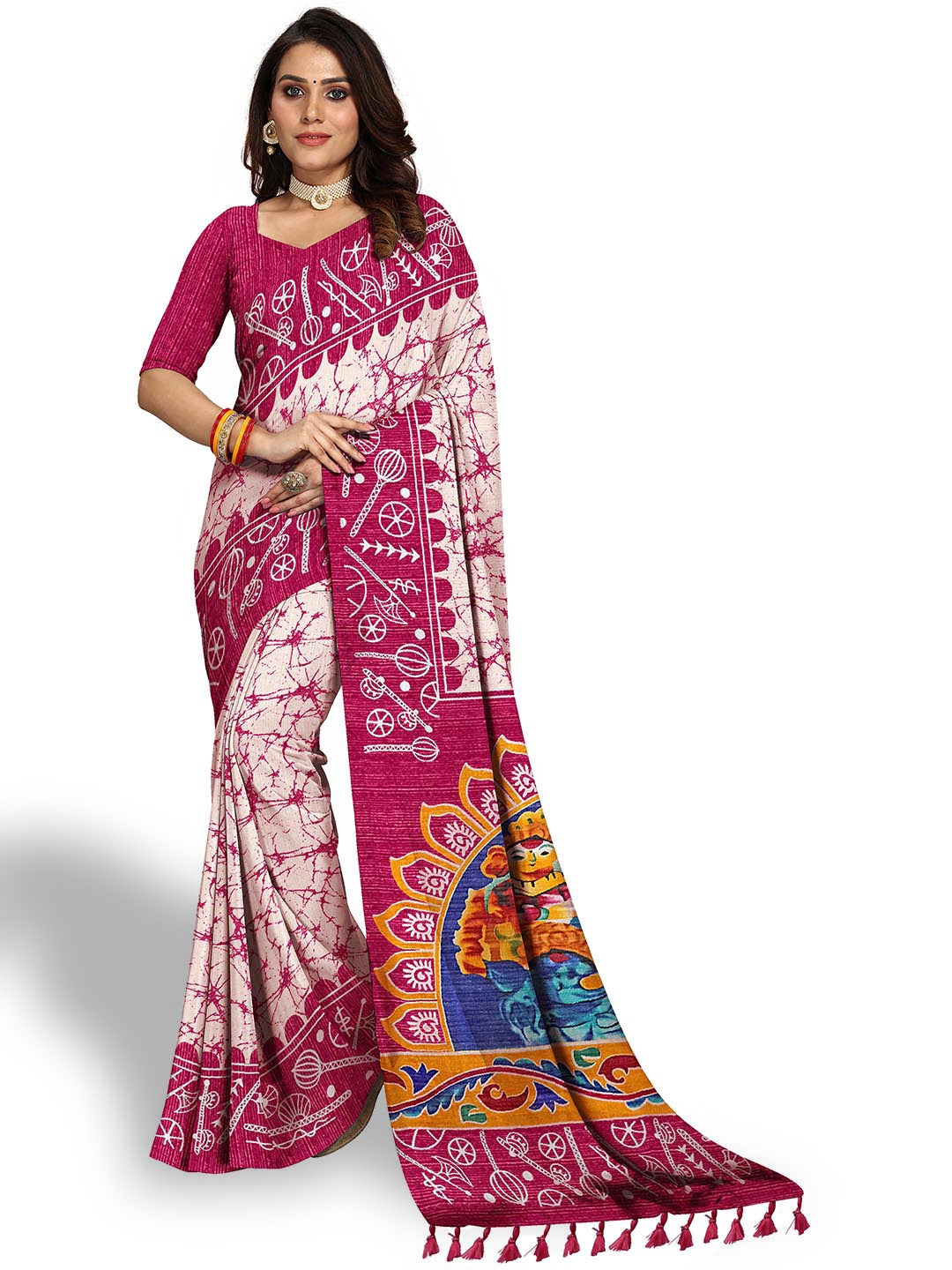 

VENISA Pink & Off White Batik Saree
