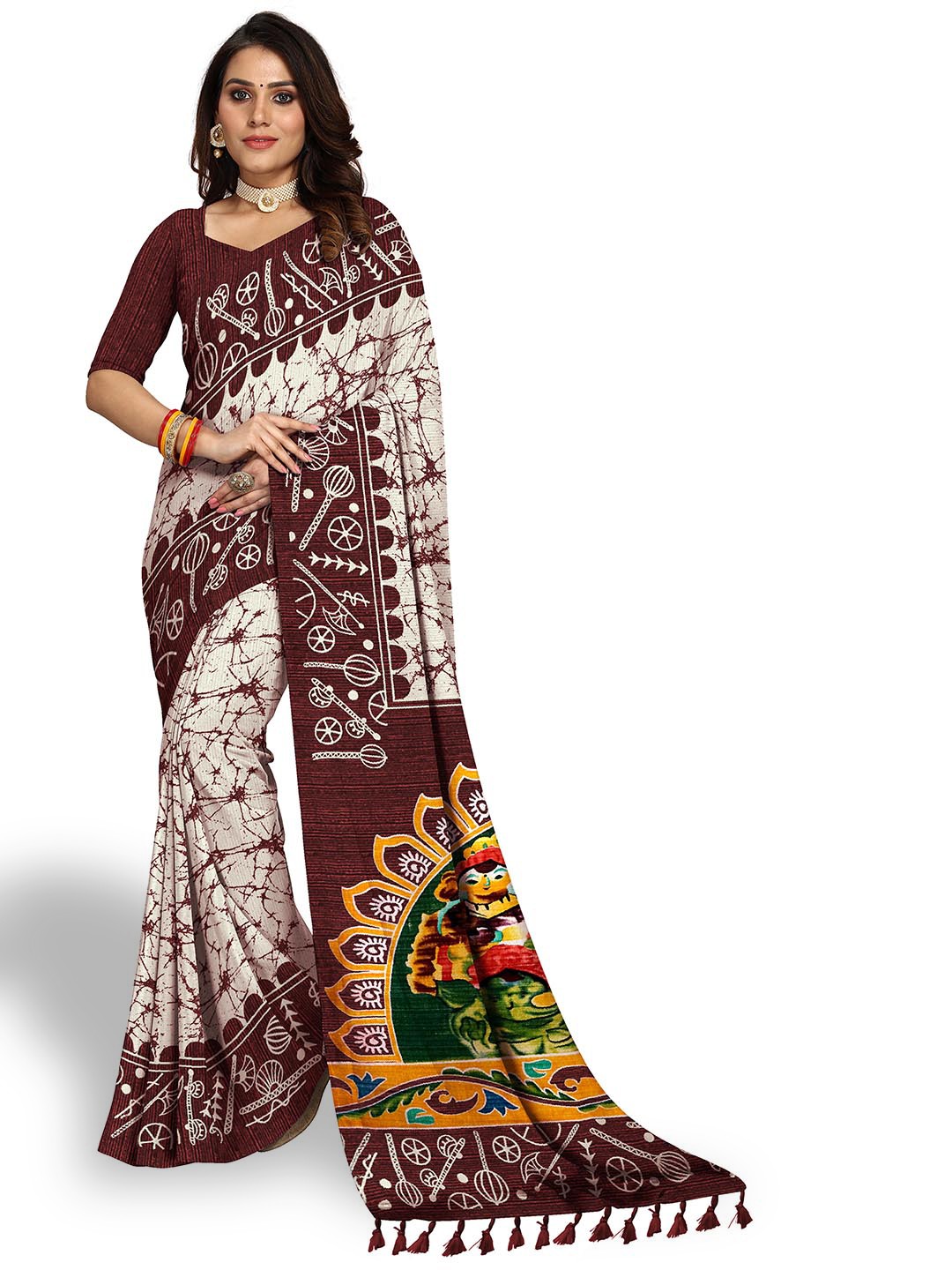 

VENISA Maroon & Off White Batik Designer Saree