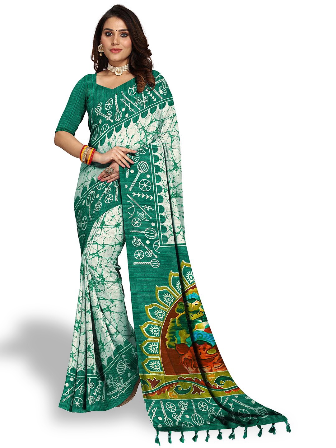 

VENISA Teal & Off White Batik Designer Saree