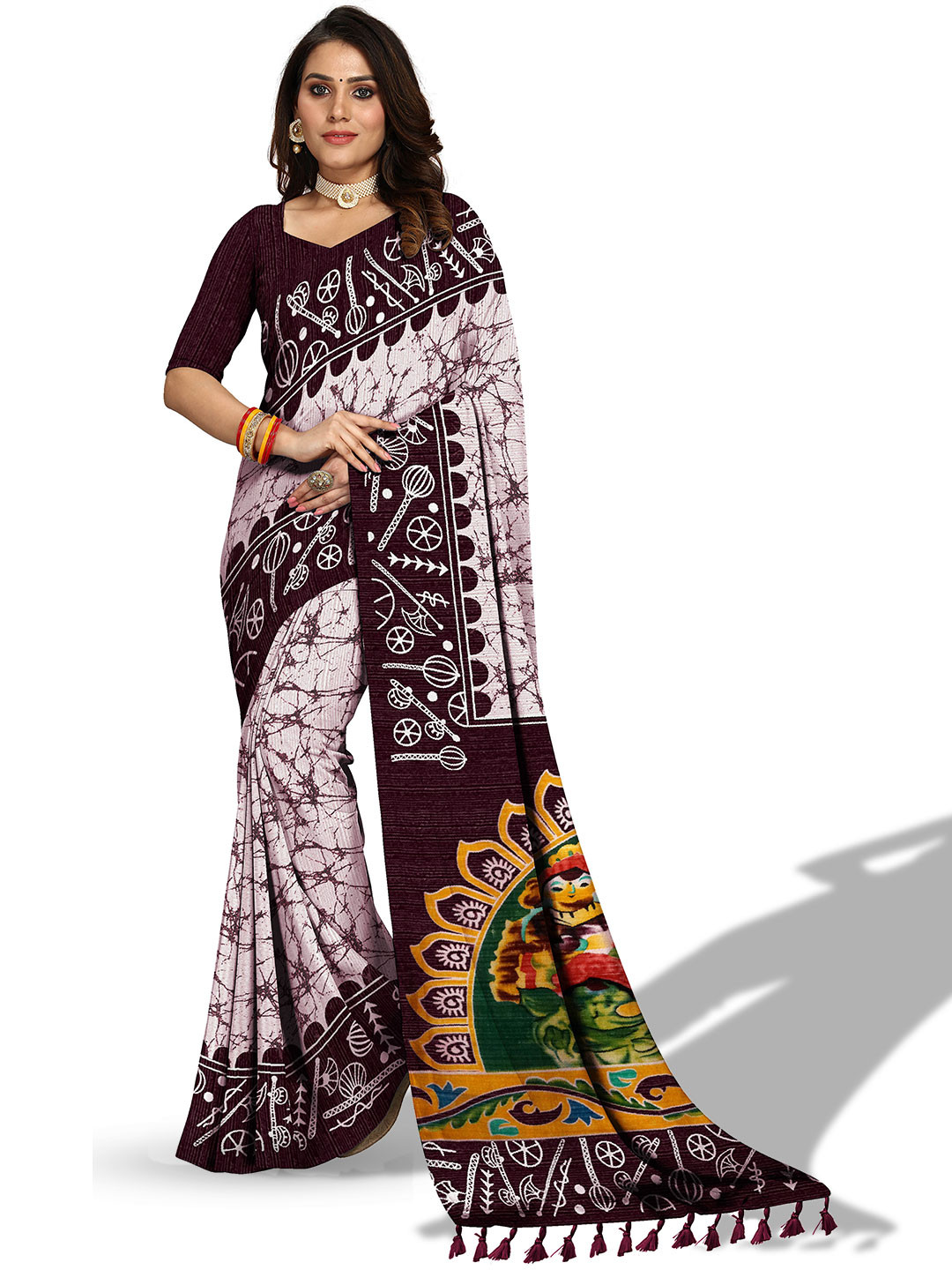 

VENISA Burgundy & Off White Batik Saree