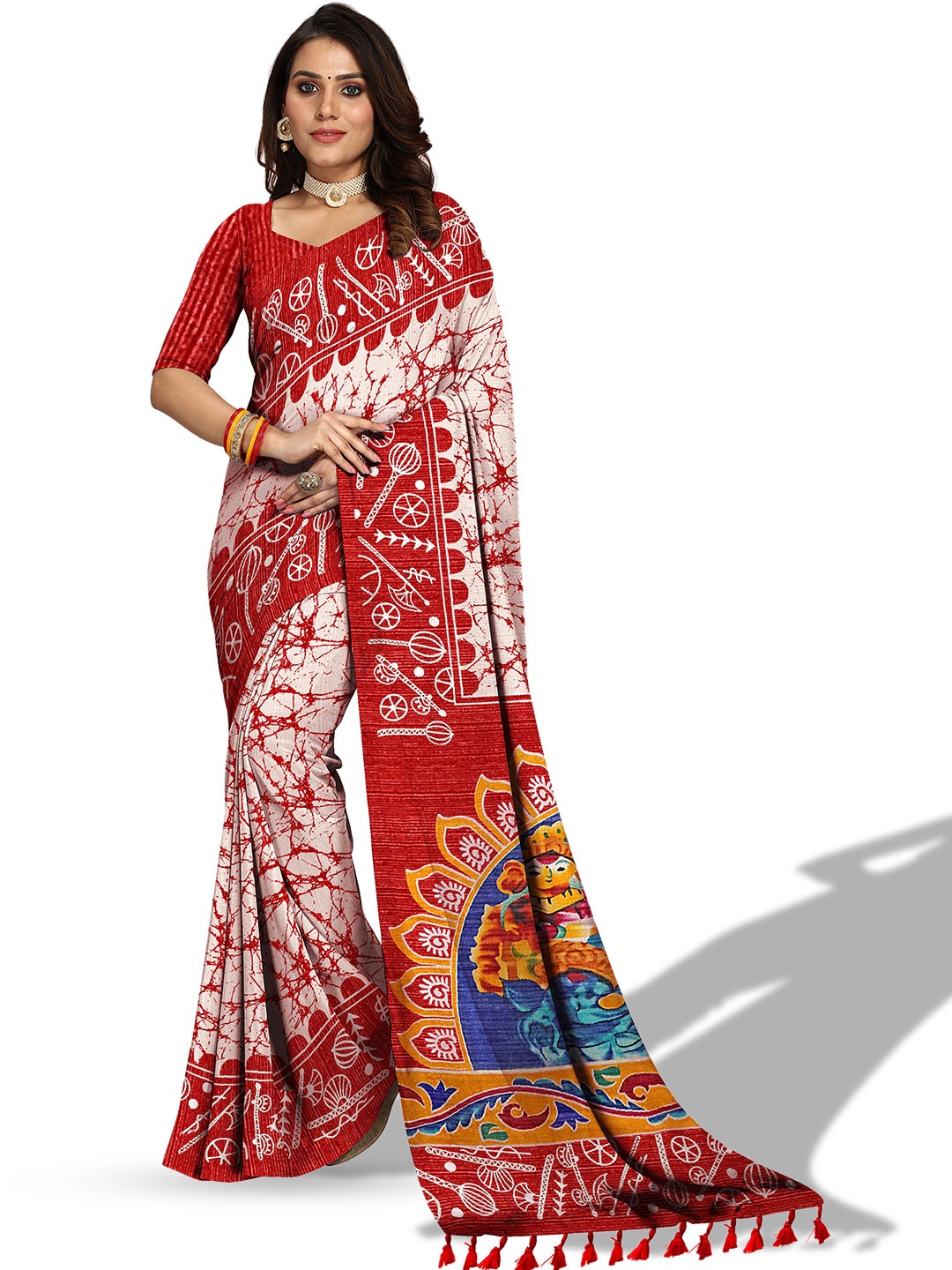 

VENISA Red & Off White Batik Designer Saree