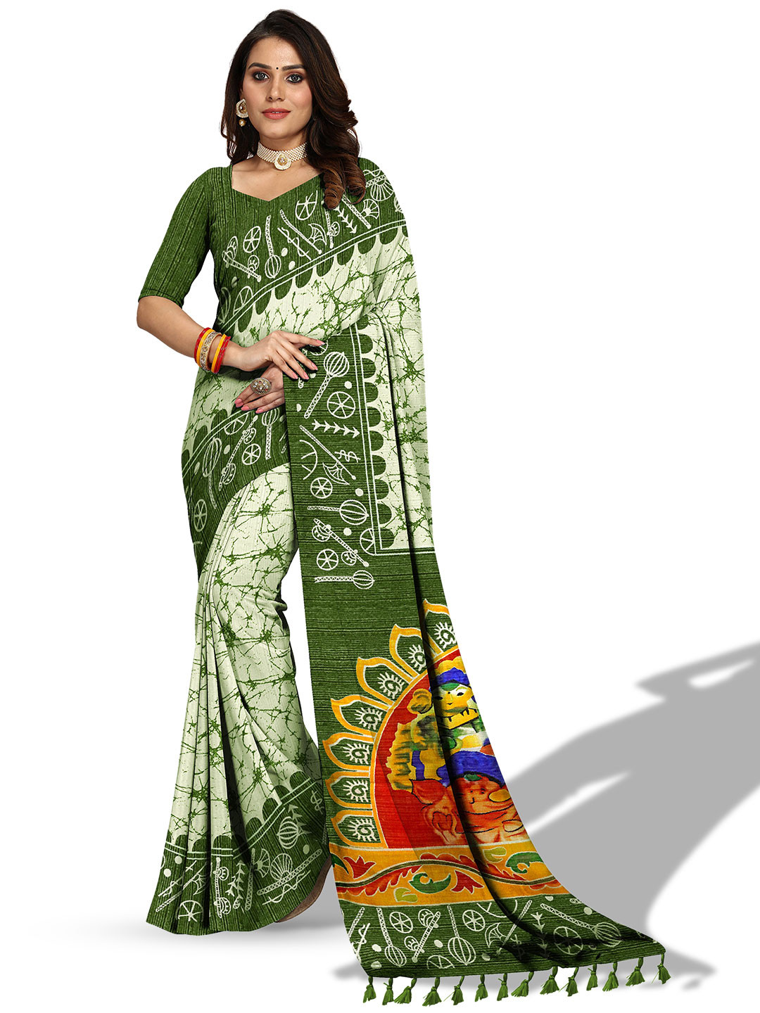 

VENISA Green & Off White Batik Designer Saree
