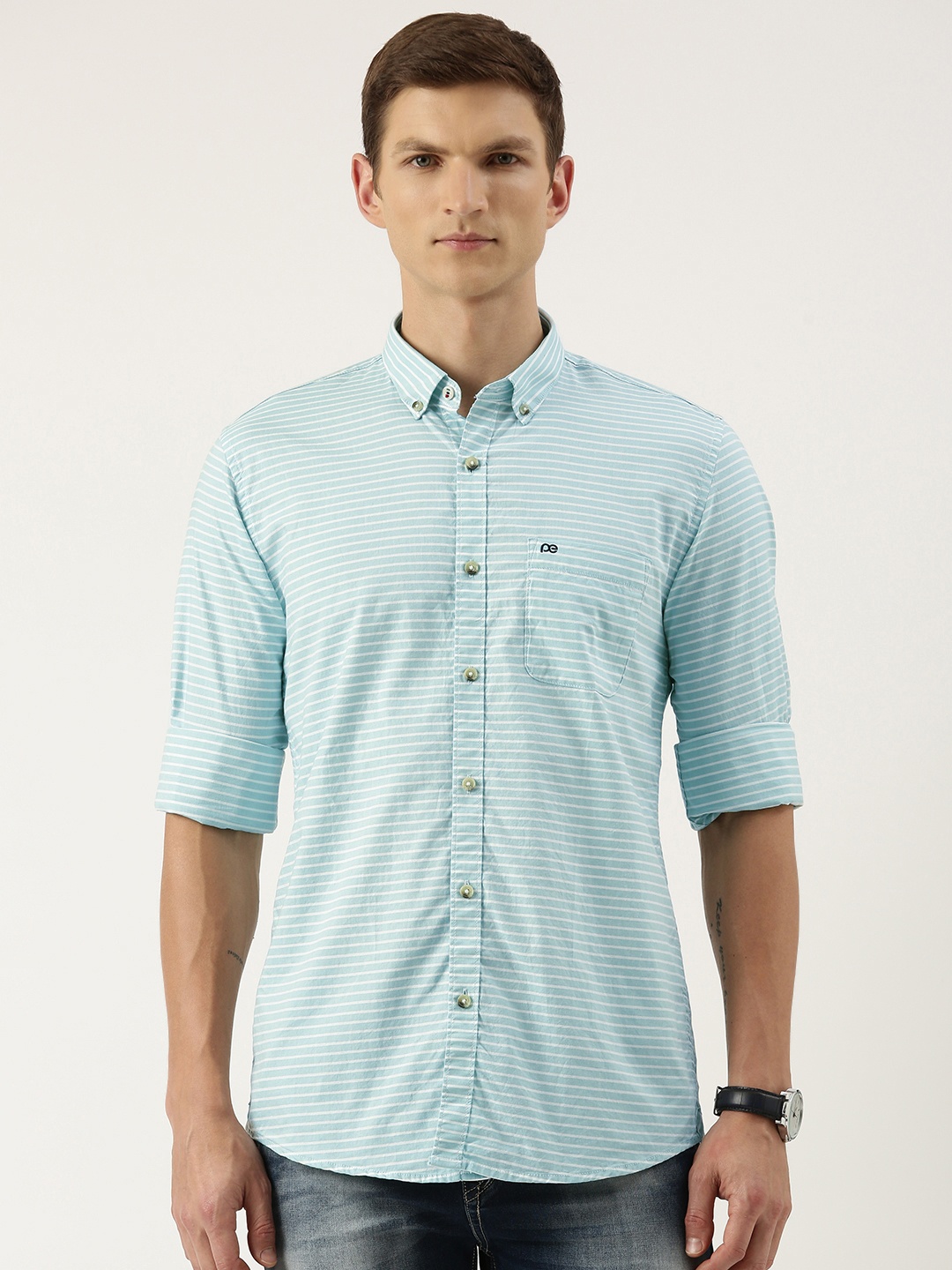 

Peter England Sport Slim Fit Striped Cotton Shirt, Green