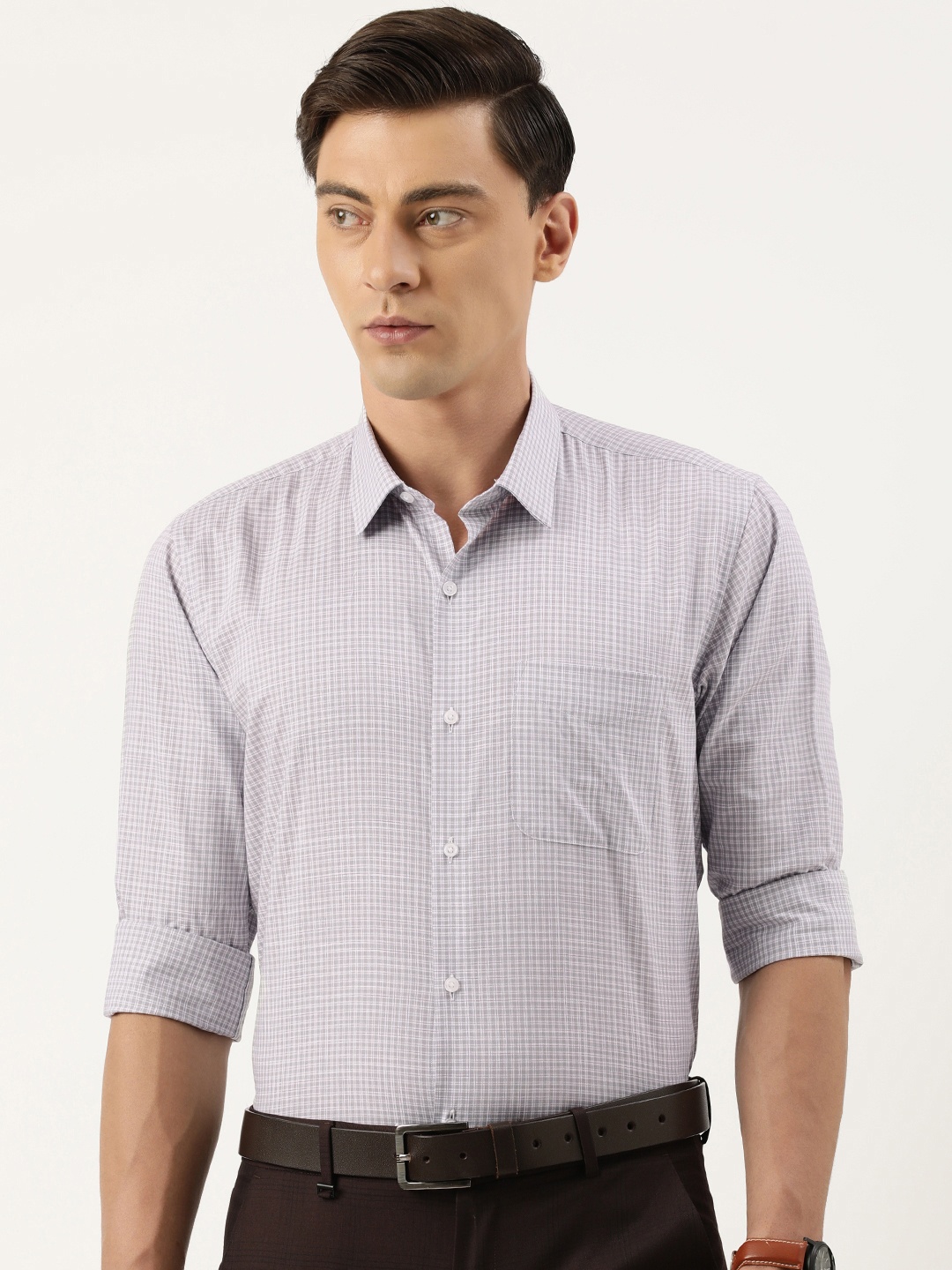 

Peter England Men Pure Cotton Slim Fit Micro Checks Opaque Formal Shirt, Grey