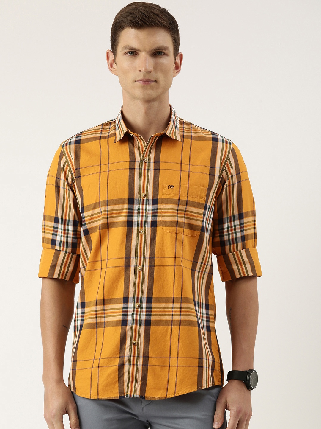 

Peter England Men Pure Cotton Slim Fit Opaque Checked Casual Shirt, Mustard