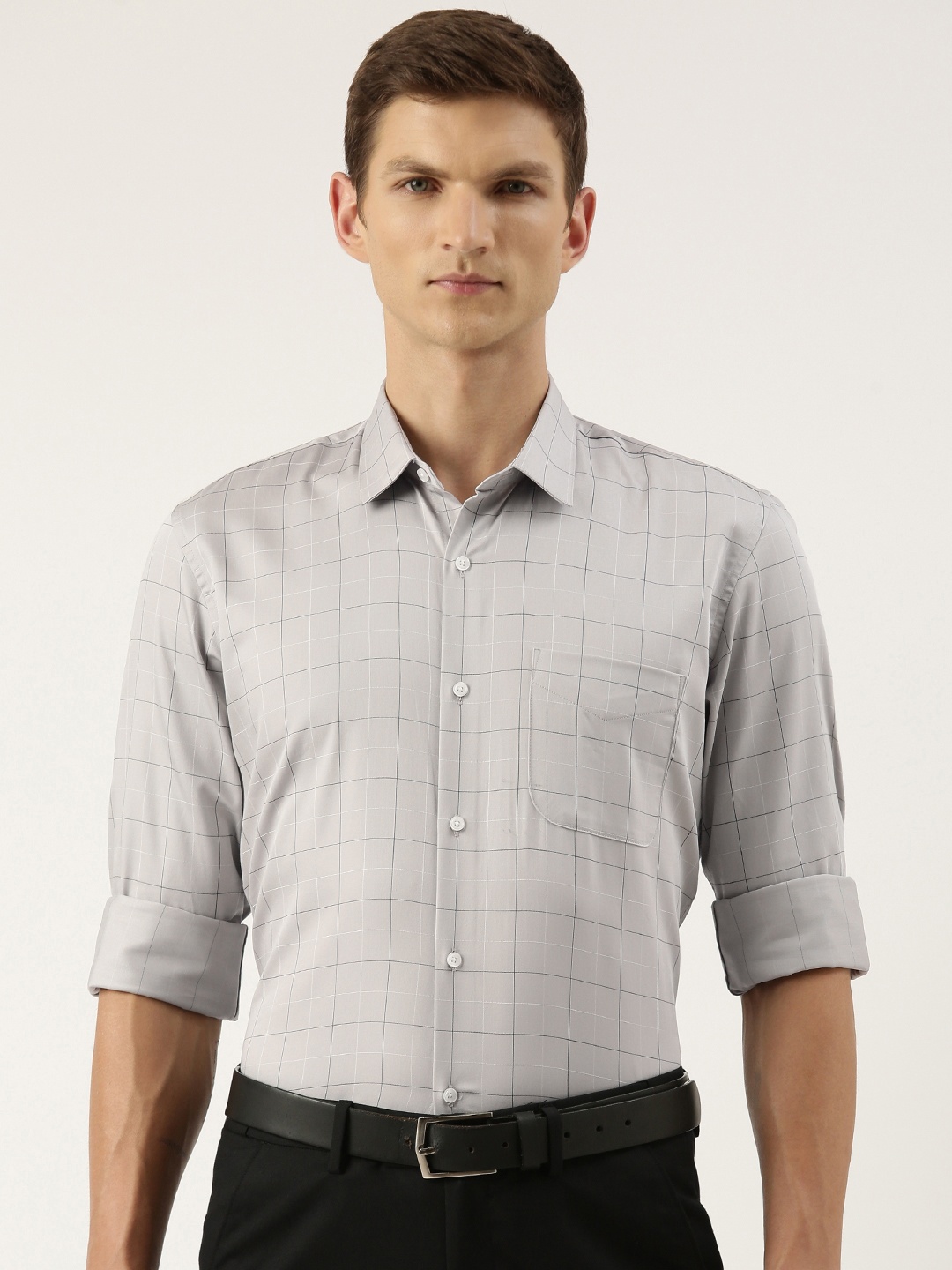 

Peter England Slim Fit Windowpane Checks Cotton Formal Shirt, Grey