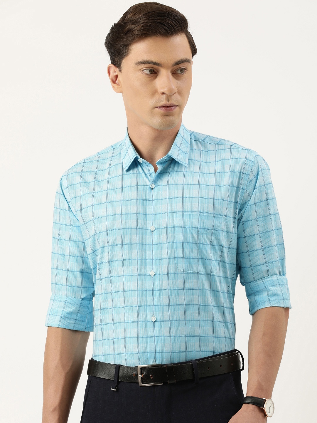 

Peter England Men Slim Fit Grid Tattersall Checks Opaque Checked Formal Shirt, Blue