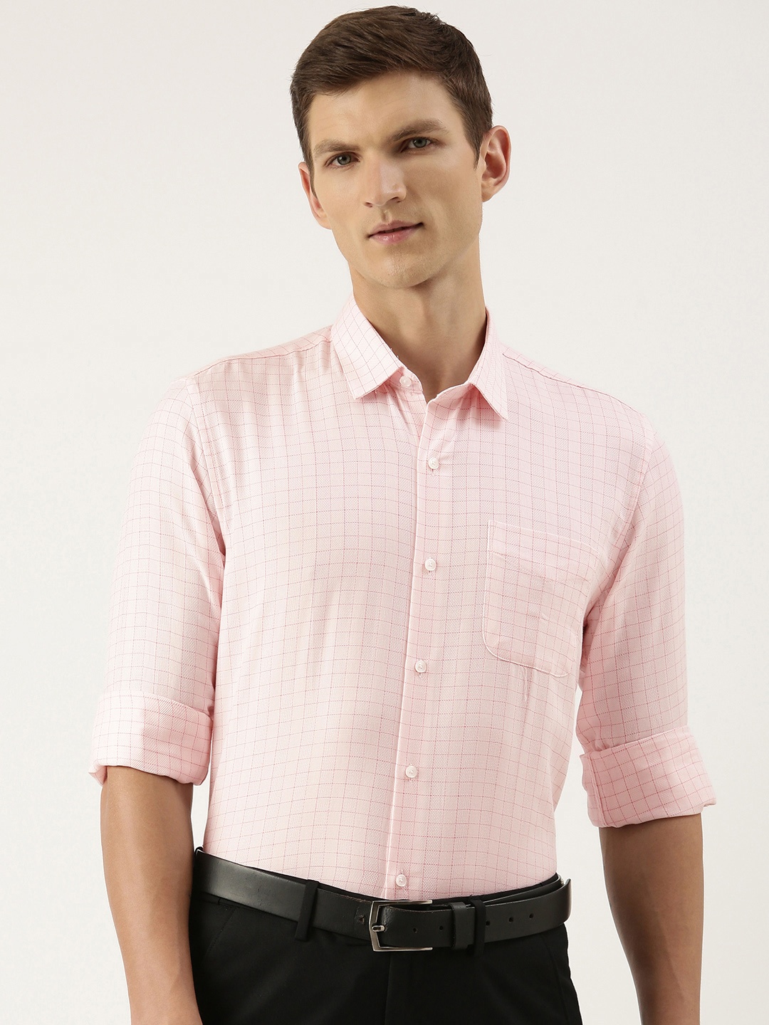 

Peter England Men Pink Slim Fit Opaque Checked Formal Shirt