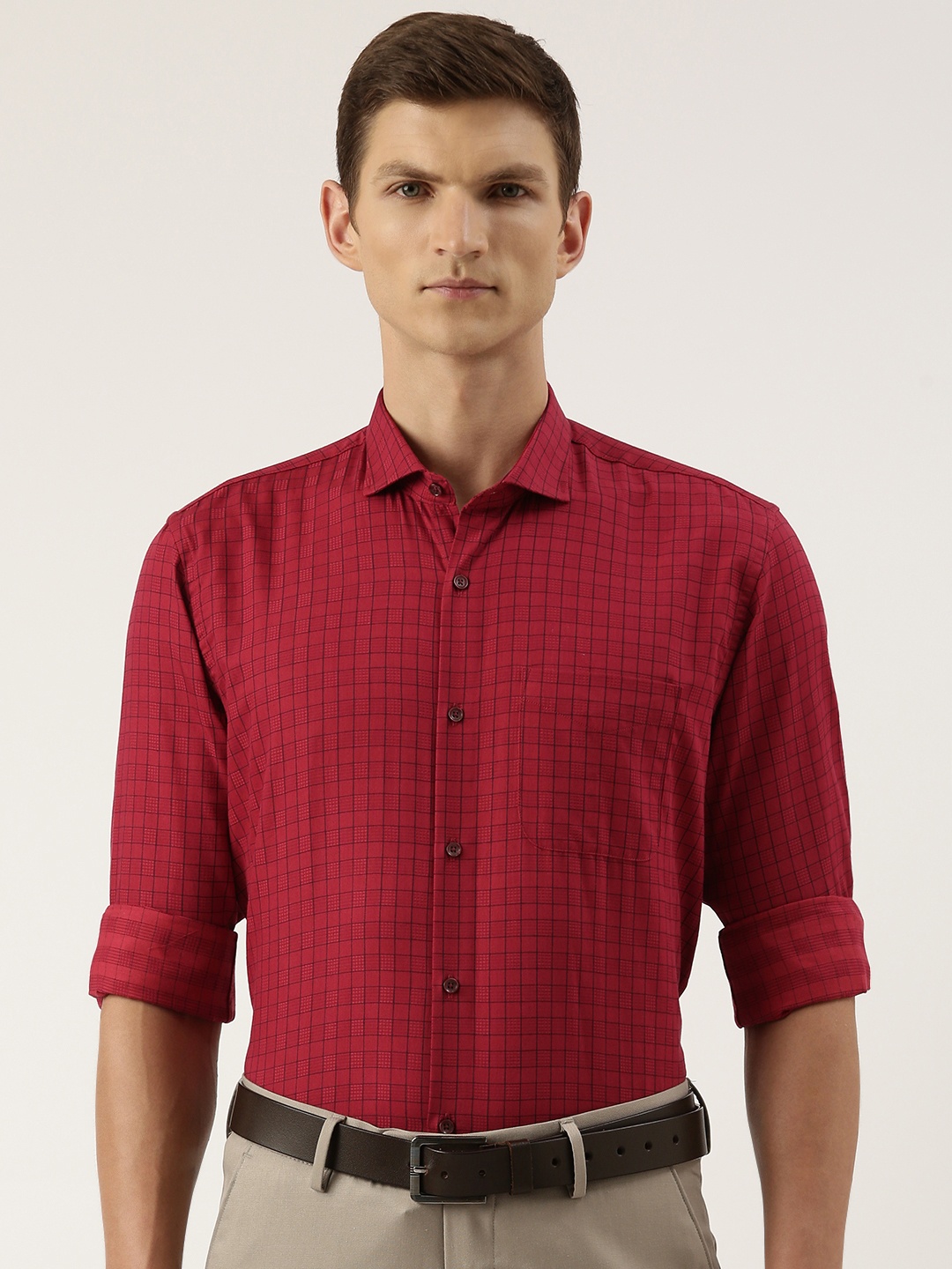 

Peter England Slim Fit Checked Formal Shirt, Maroon