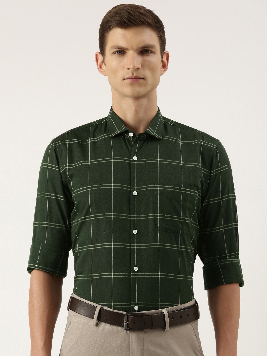 

Peter England Men Slim Fit Windowpane Checks Opaque Formal Shirt, Green