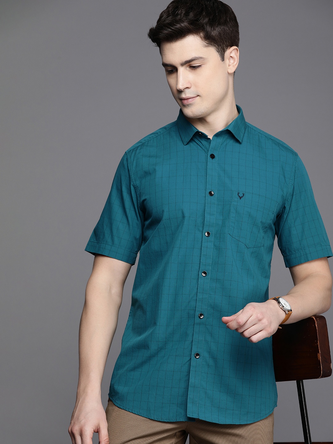 

Allen Solly Men Slim Fit Grid Tattersall Checked Cotton Casual Shirt, Teal