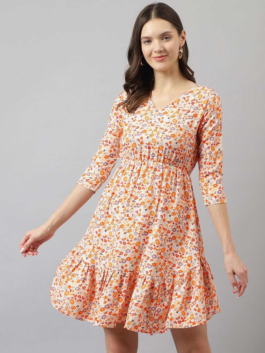 

KERI PERRY Floral Printed V-Neck Tiered & Gathered Detail Fit & Flare Dress, Orange