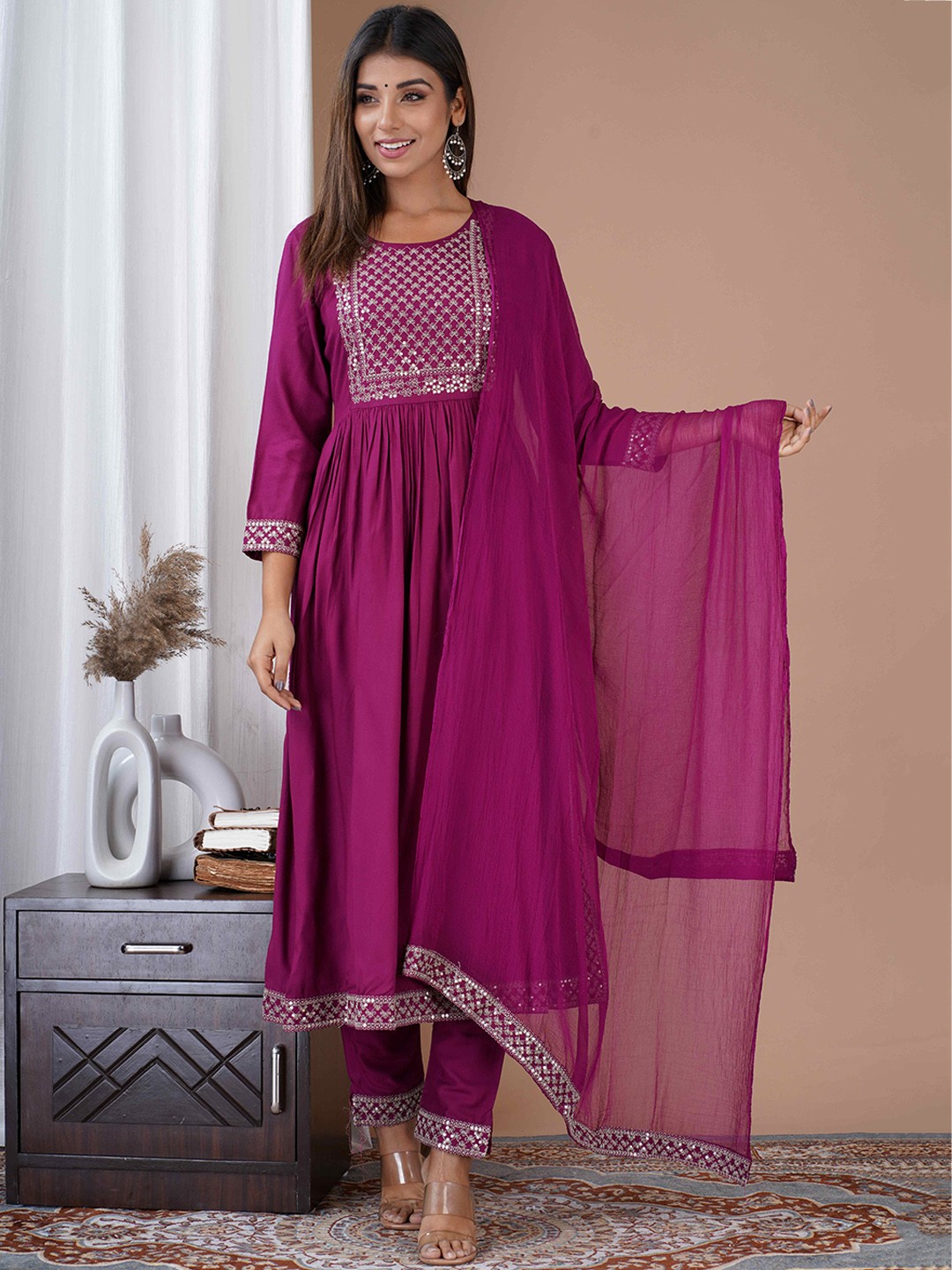 

misbis Floral Embroidered Sequined A-Line Kurta with Palazzos & Dupatta, Purple