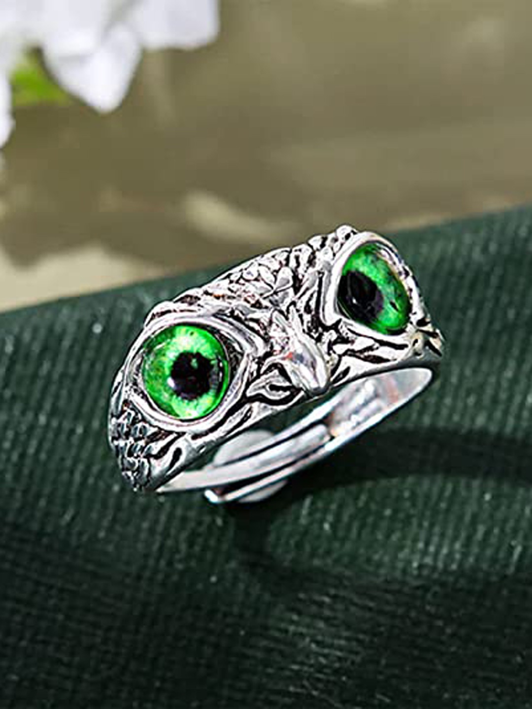 

VIEN Silver-Plated Stone Studded Owl Eye Adjustable Finger Ring