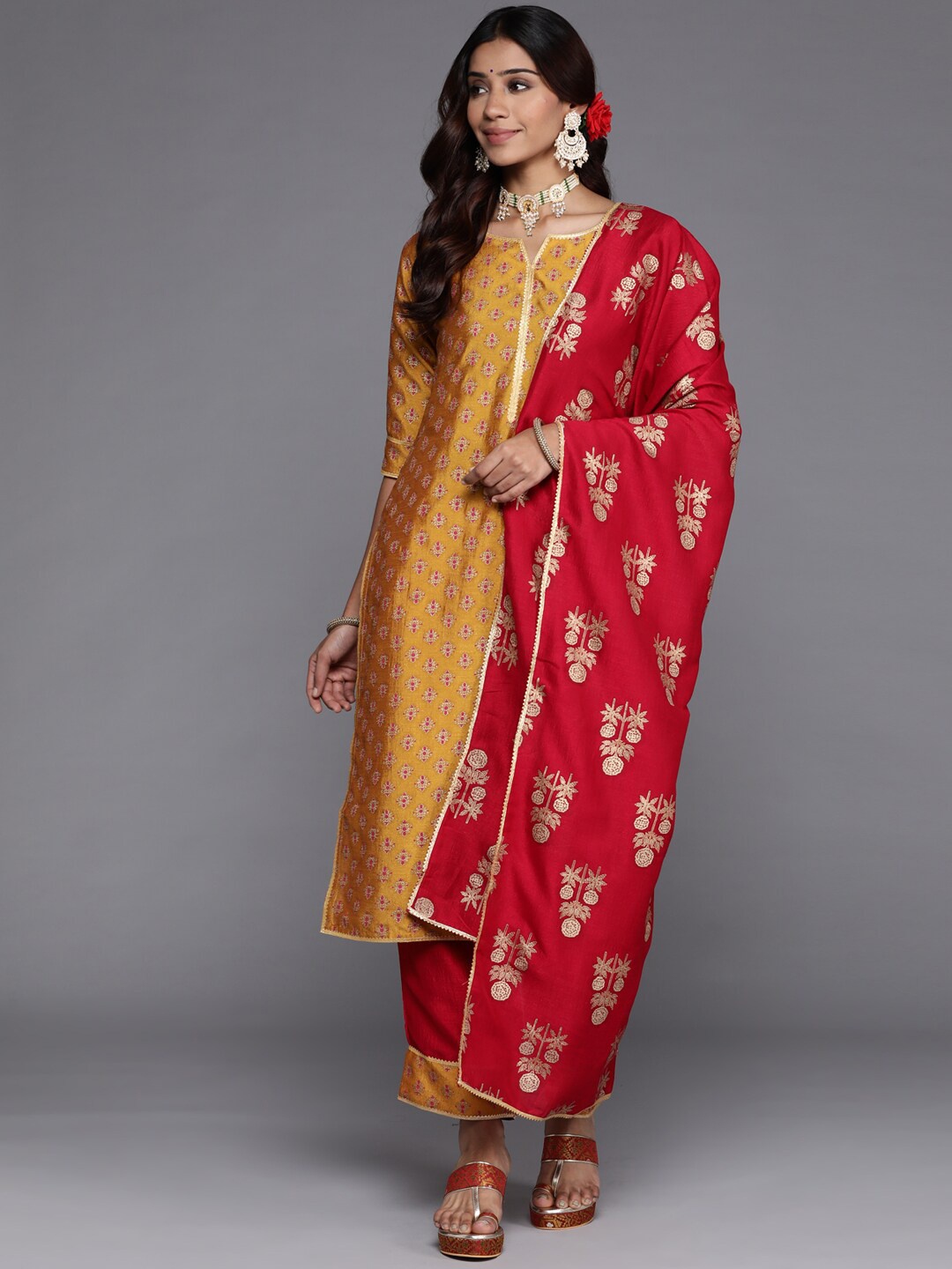 

Libas Mustard Yellow & Red Ethnic Printed Gotta Patti Kurta with Trousers & Dupatta