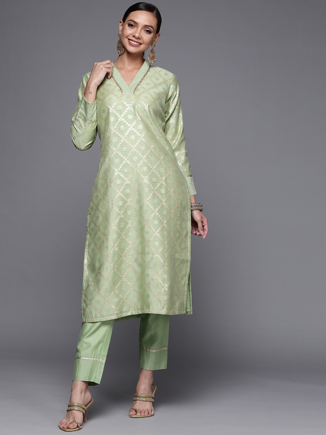 

Libas Green Geometric Printed Chanderi Silk Kurta