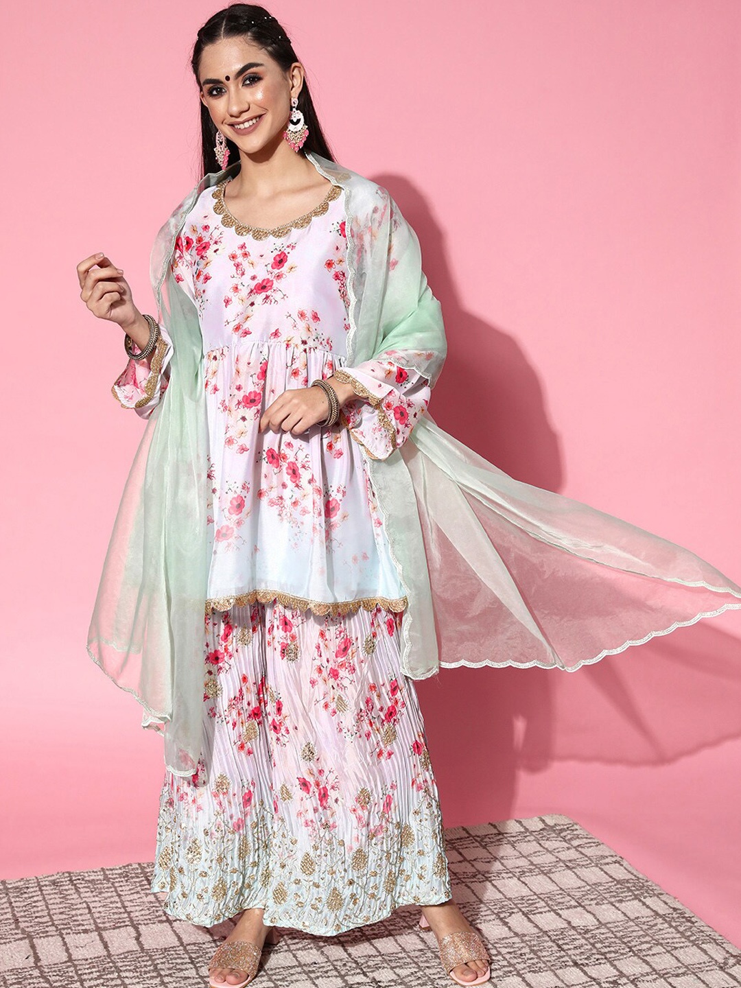 

Libas White & Pink Floral Printed Sequined A-Line Kurti with Sharara & Dupatta