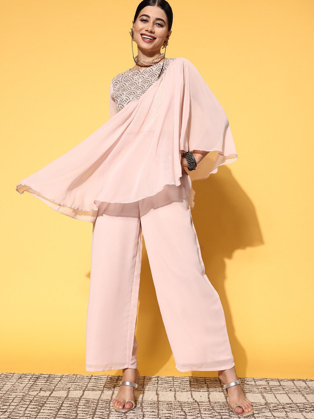 

Libas Pink Embroidered Sequinned Asymmetric Top With Palazzo