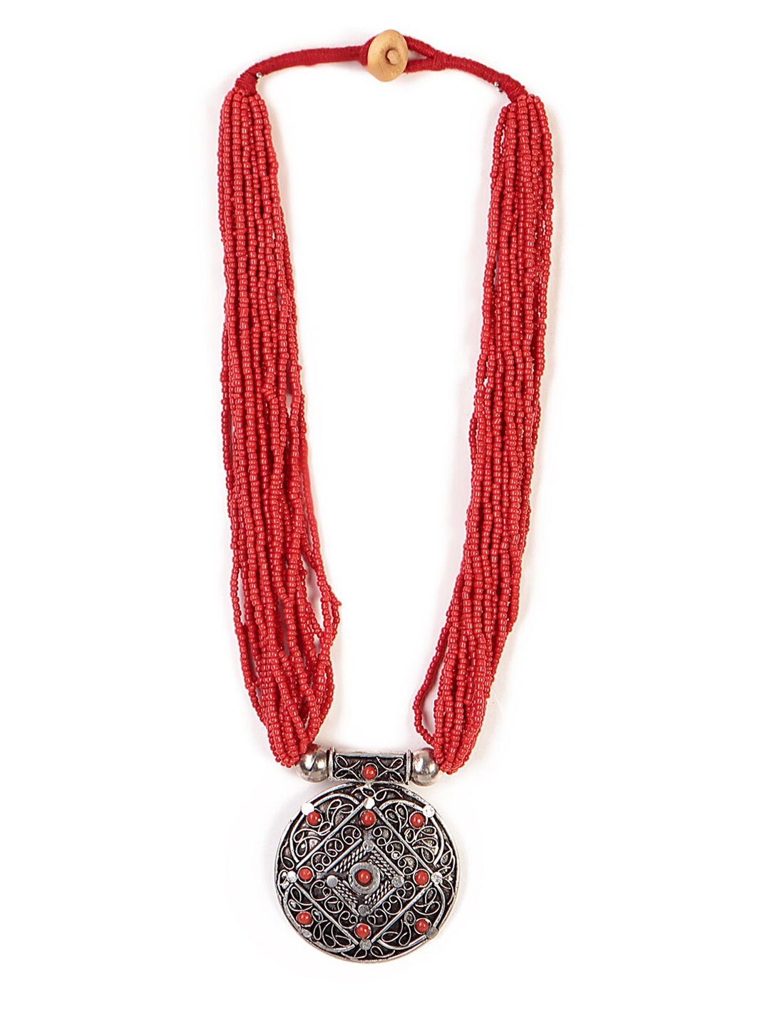 

Bamboo Tree Jewels Red & Silver-Toned Tribal Necklace