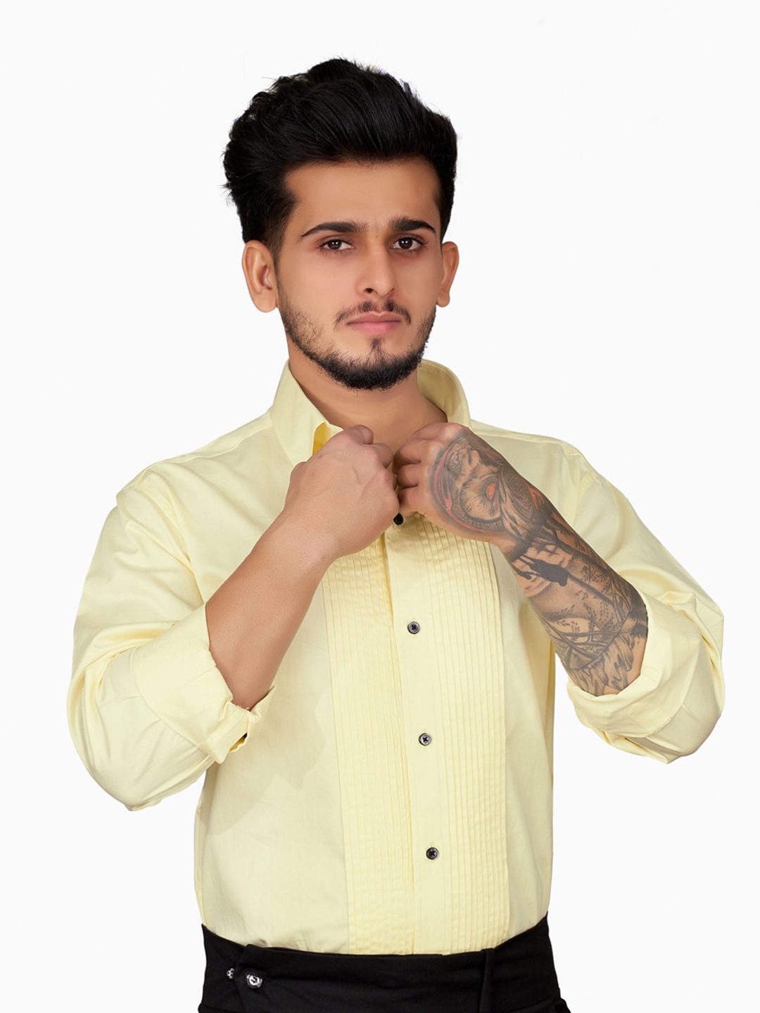 

FRENCH CROWN Standard Pleated Twill Weave Cotton Formal Shirt, Yellow