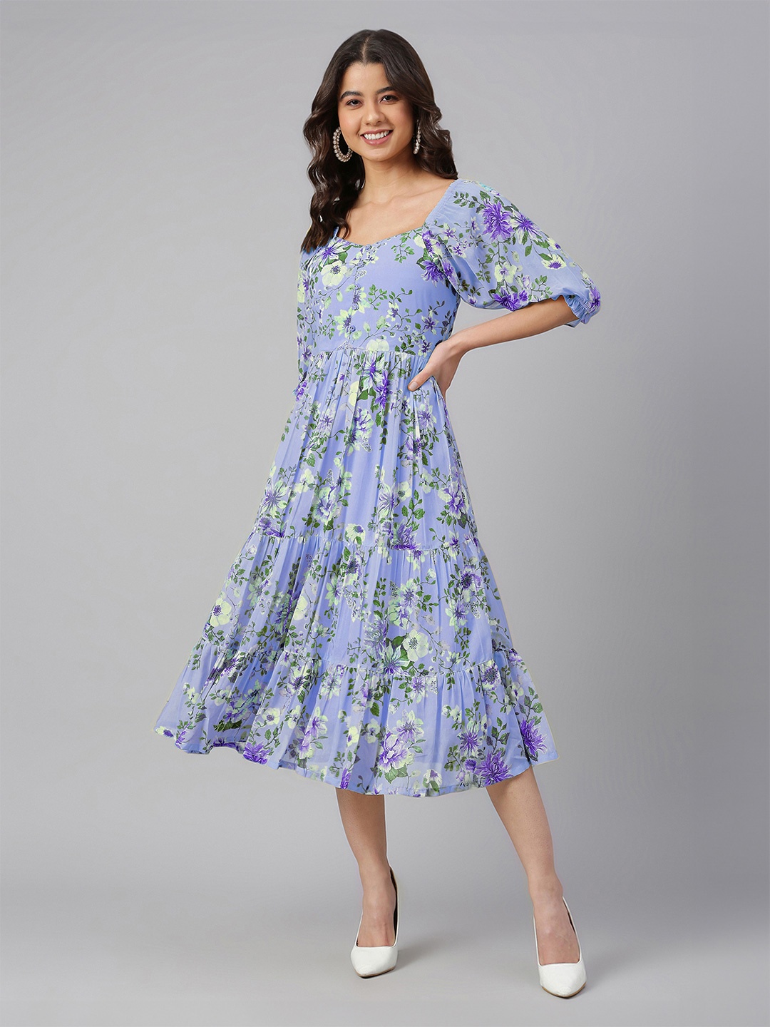 Janasya Floral Print Georgette Empire Dress, Lavender