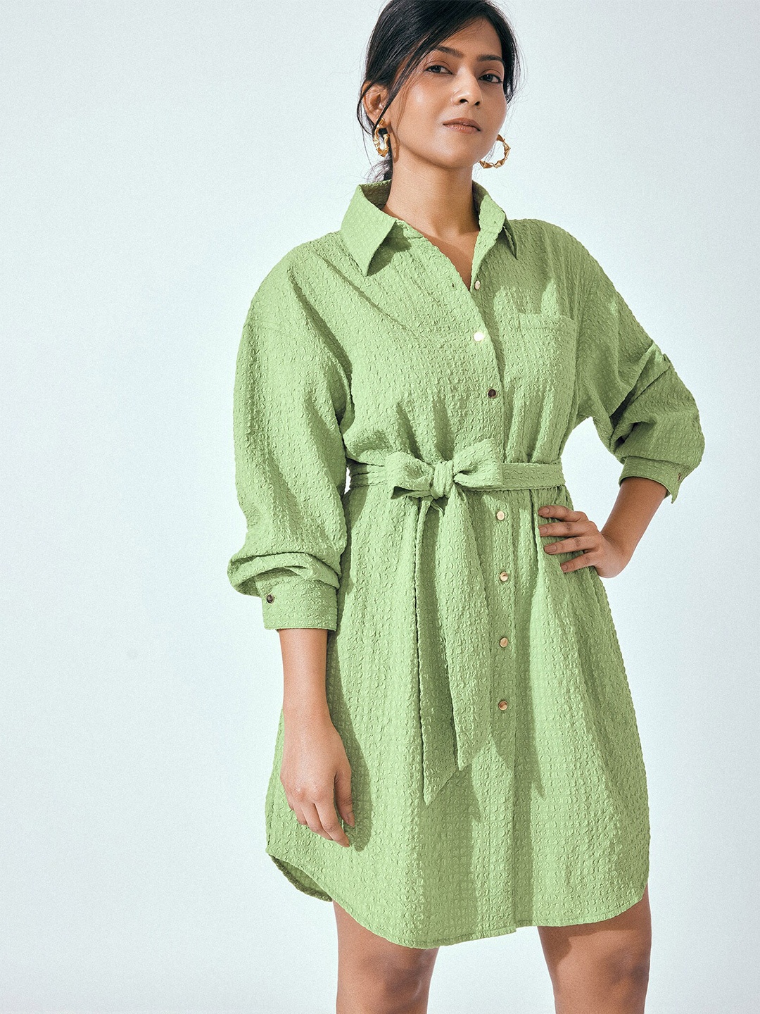 

The Label Life Self Design Cuffed Sleeves Shirt Dress With Belt, Green