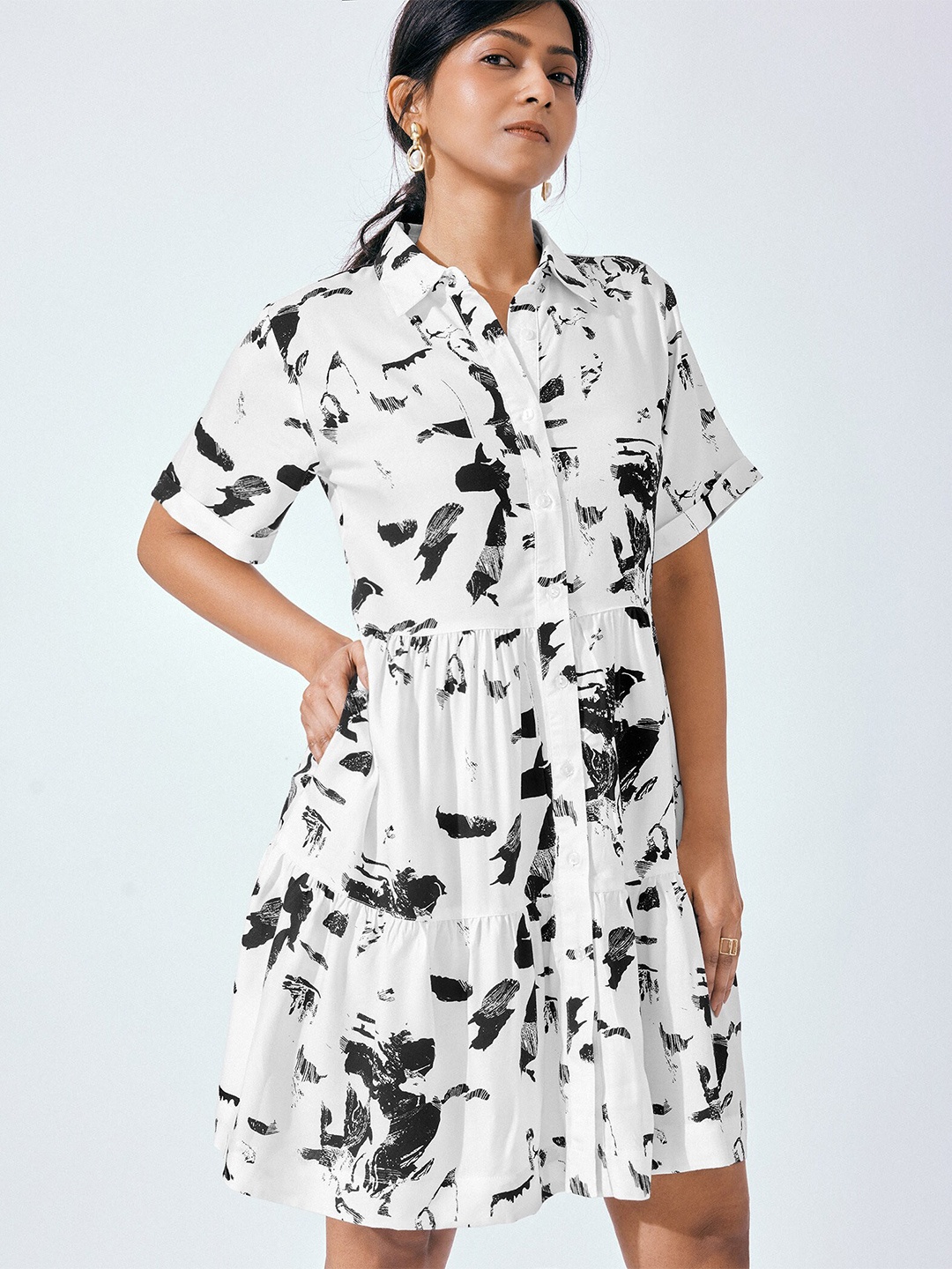 

The Label Life Abstract Printed Tiered Shirt Dress, White