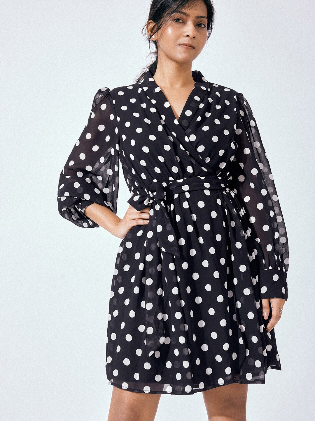 

The Label Life Polka Dot Printed Cuffed Sleeves Wrap Mini Dress, Black