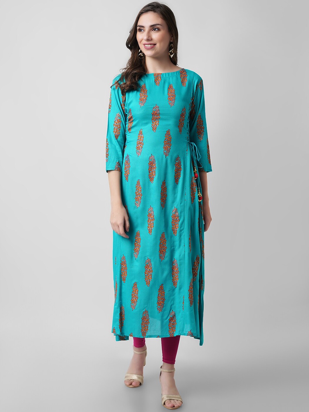 

KALINI Floral Printed A-Line Kurta, Blue