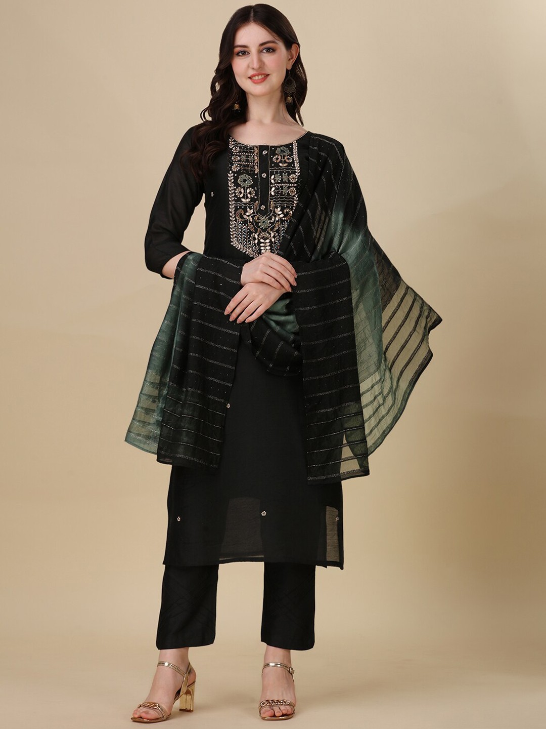 

Berrylicious Ethnic Embroidered Sequined Chanderi Cotton Kurta with Trousers & Dupatta, Black