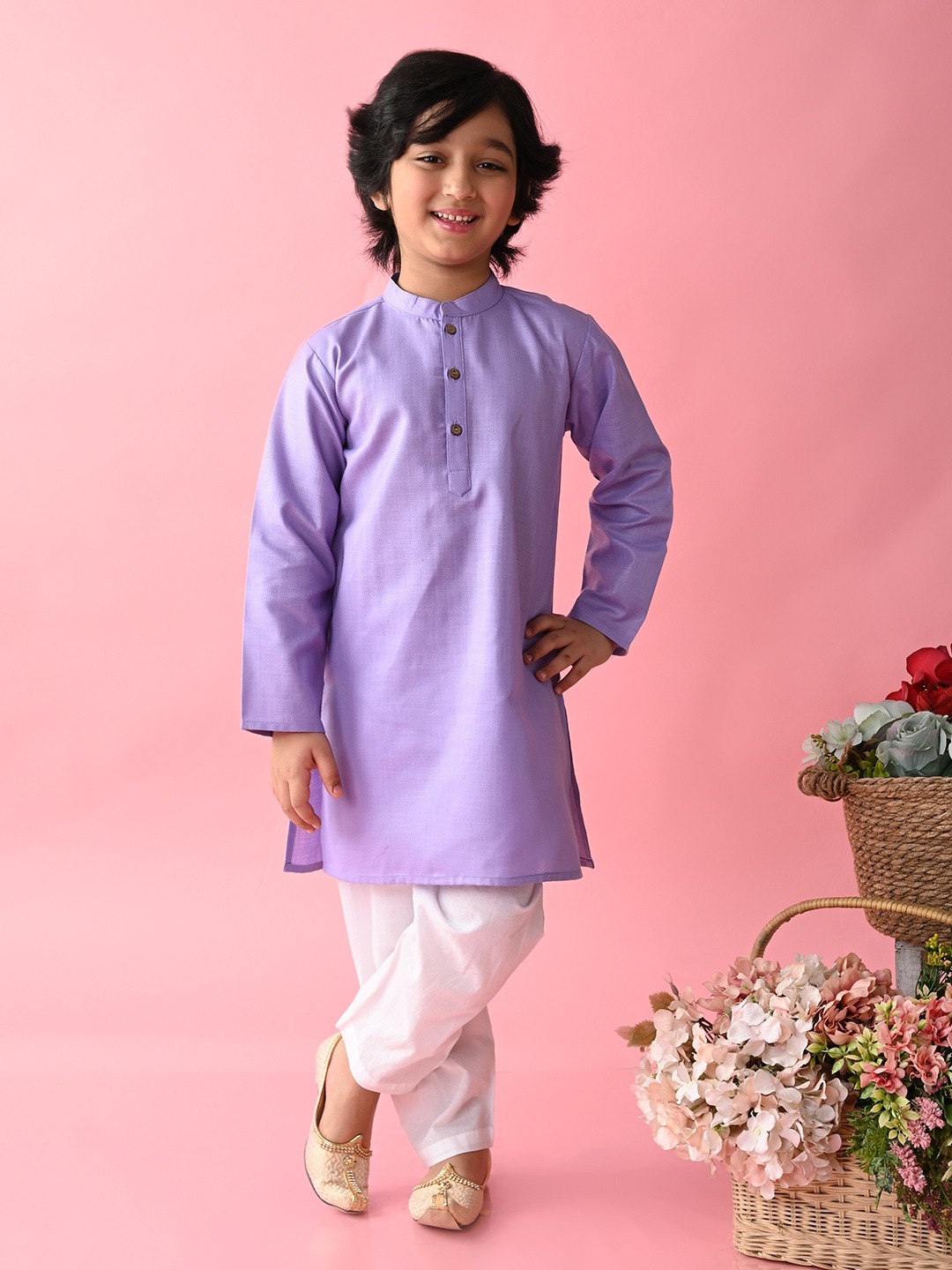 

SAKA DESIGNS Boys Mandarin Collar Straight Kurta with Pyjamas, Purple