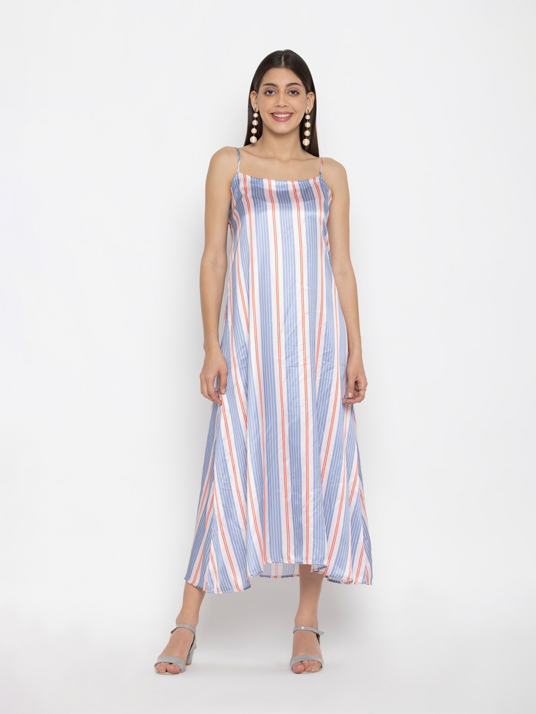 

OCTICS Striped Satin A-Line Maxi Dress, Blue