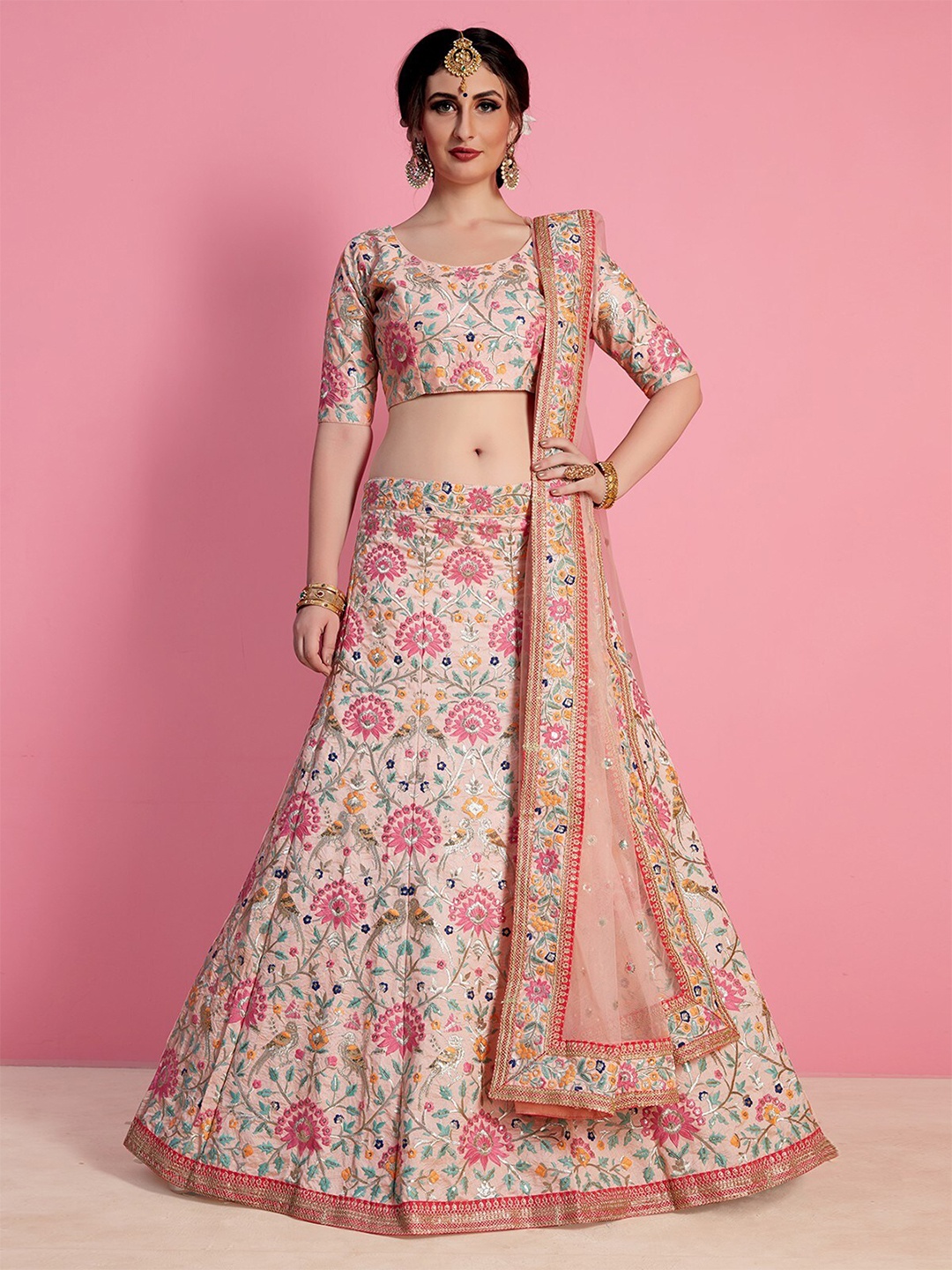 

ODETTE Peach-Coloured & Green Embroidered Semi-Stitched Lehenga & Unstitched Blouse With Dupatta