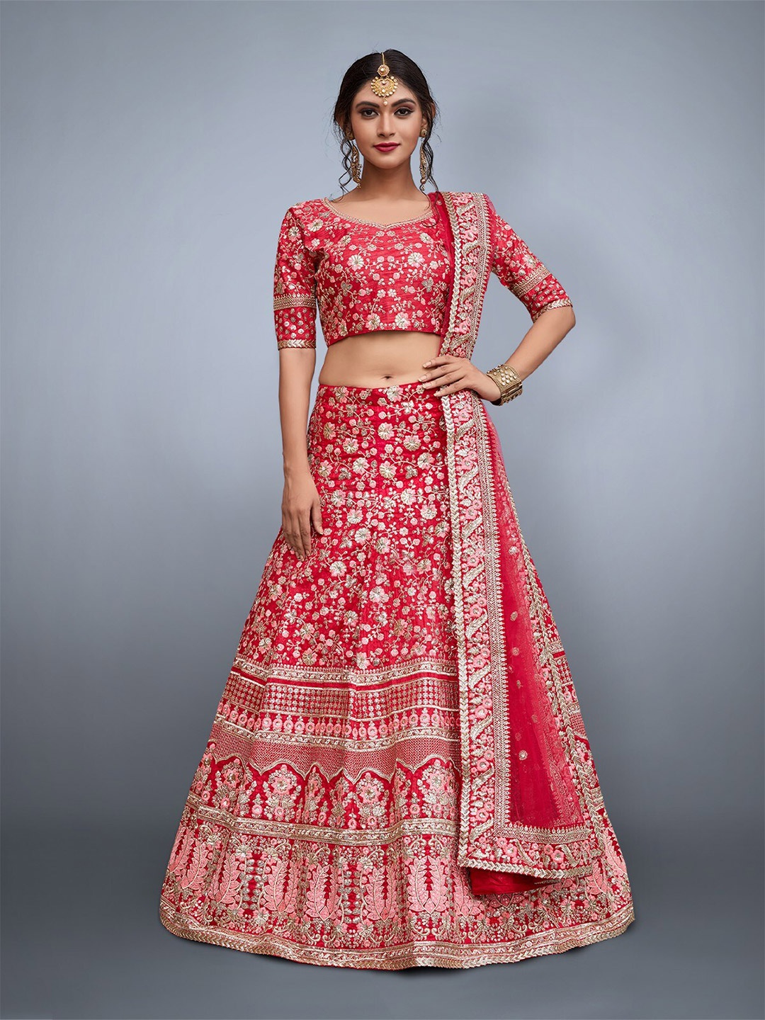 

ODETTE Pink & Gold-Toned Embroidered Sequinned Semi-Stitched Lehenga & Unstitched Blouse With Dupatta