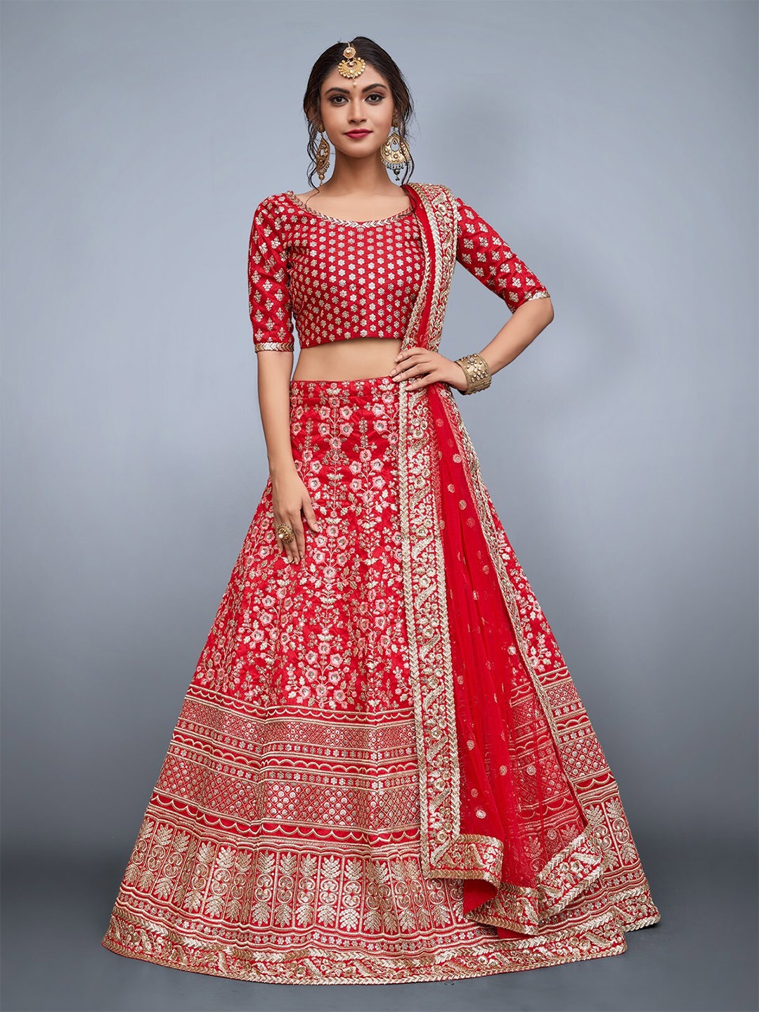 

ODETTE Red & Gold-Toned Embroidered Zardozi Semi-Stitched Lehenga & Unstitched Blouse With Dupatta