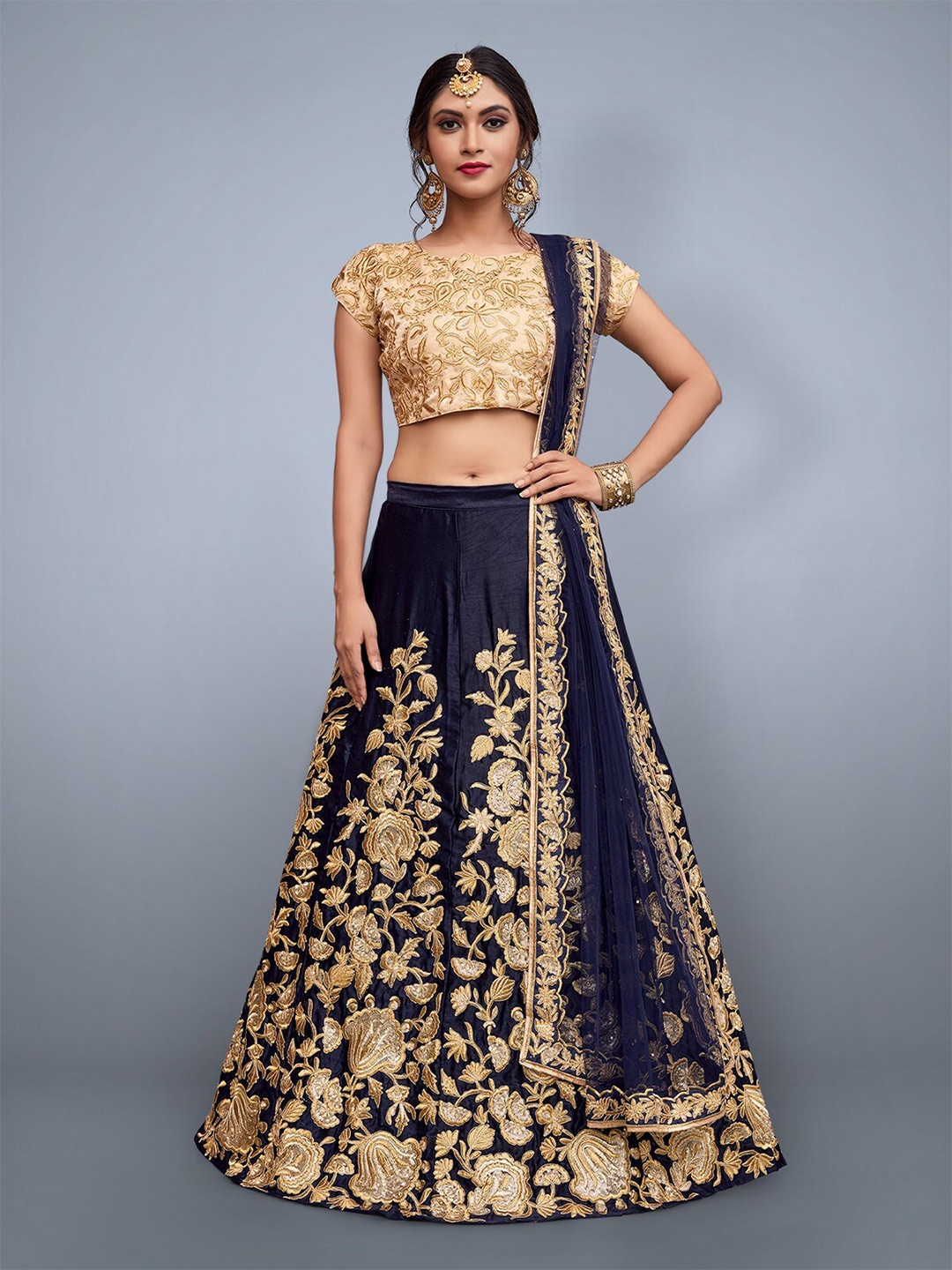 

ODETTE Blue & Gold-Toned Embroidered Semi-Stitched Lehenga & Unstitched Blouse With Dupatta