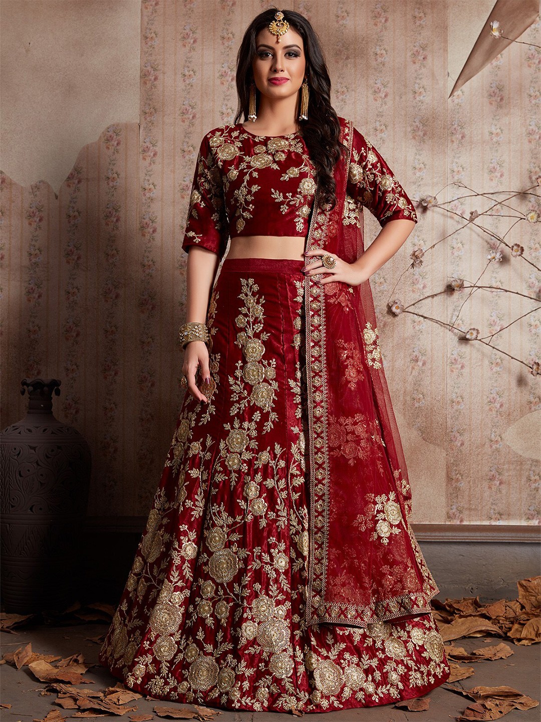 

ODETTE Maroon & Gold-Toned Embroidered Semi-Stitched Lehenga & Unstitched Blouse With Dupatta
