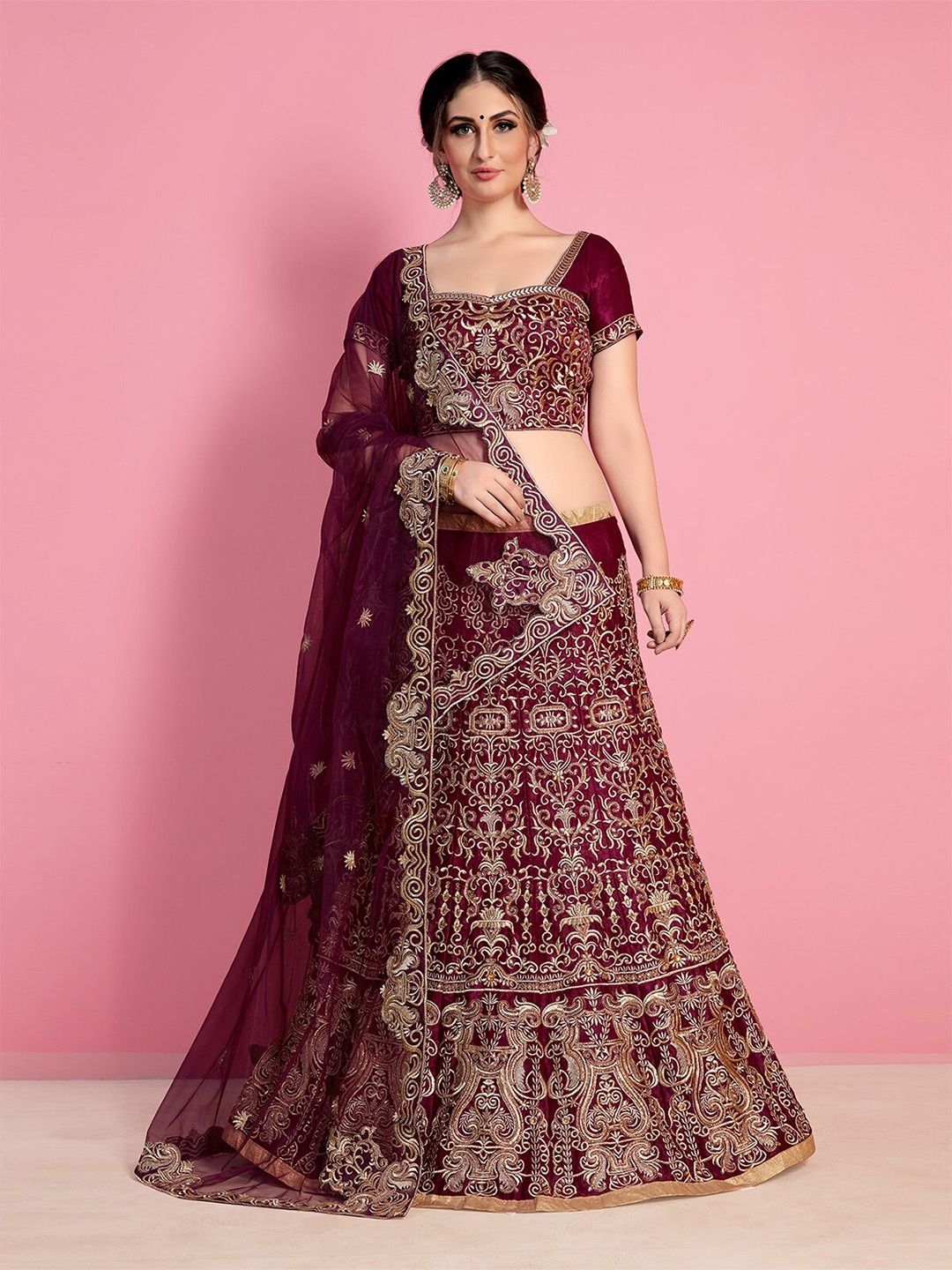 

ODETTE Maroon & Gold-Toned Embroidered Semi-Stitched Lehenga & Unstitched Blouse With Dupatta