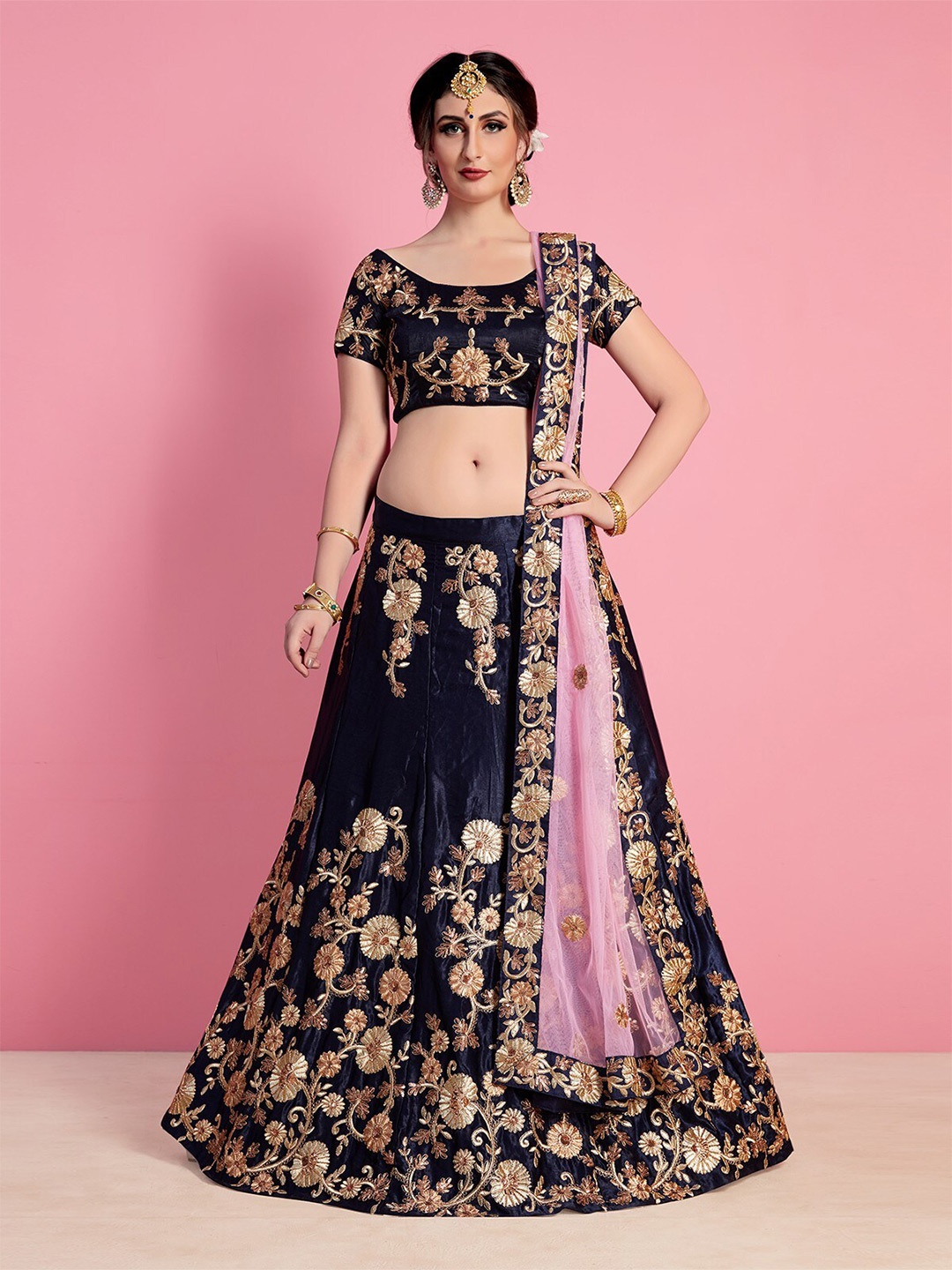 

ODETTE Blue & Pink Embroidered Semi-Stitched Lehenga & Unstitched Blouse With Dupatta