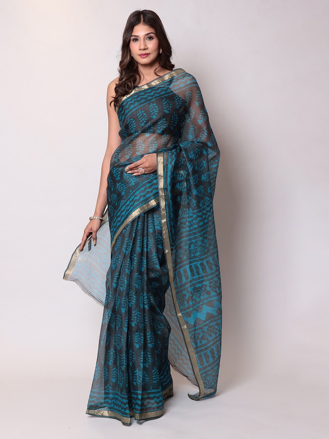

ZARI Ethnic Motif Zari Silk Blend Kota Saree, Blue