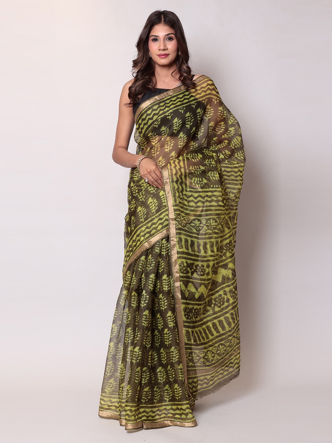 

ZARI Ethnic Motif Zari Silk Blend Kota Saree, Brown