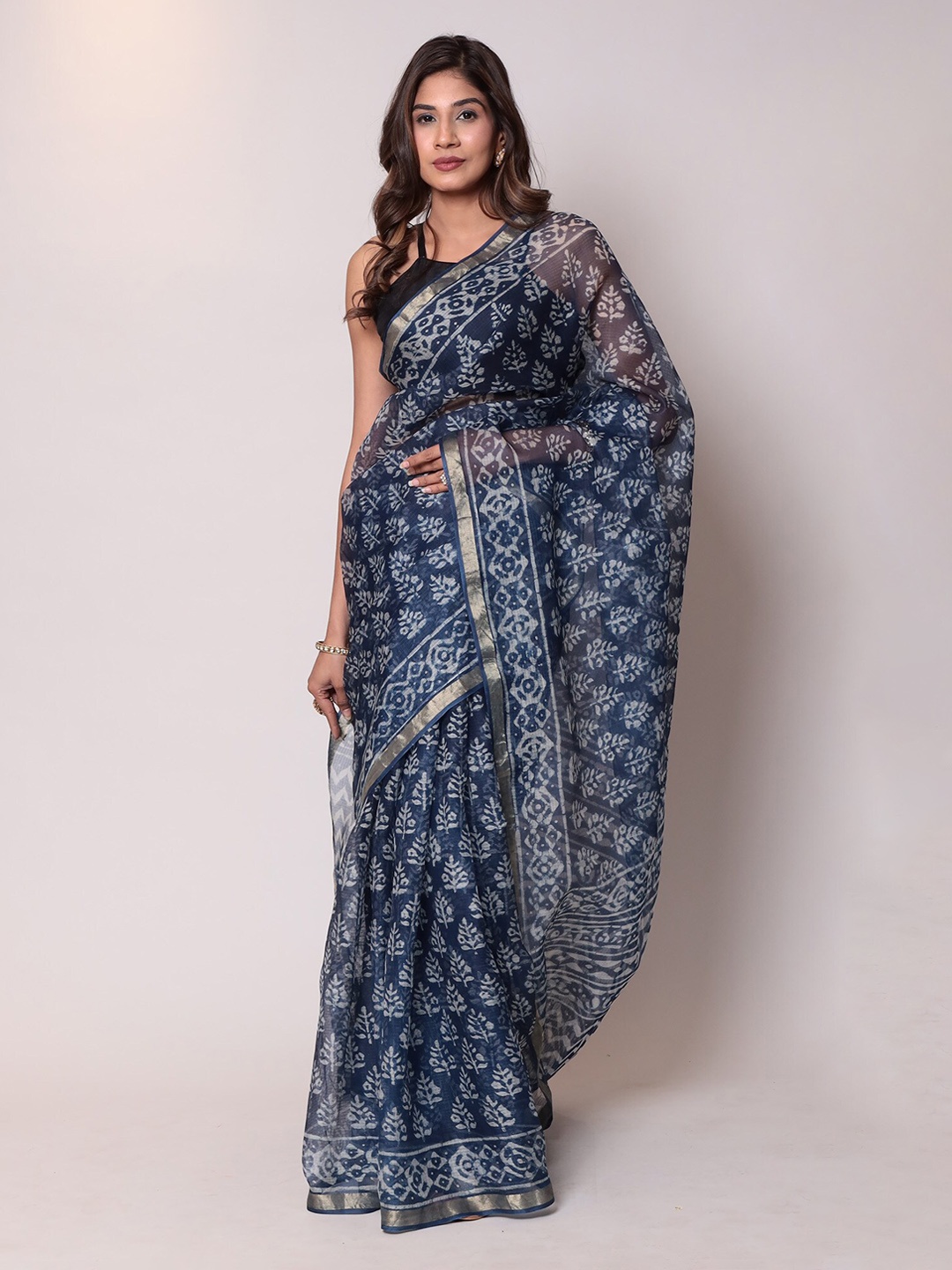 

ZARI Ethnic Motif Zari Silk Blend Kota Saree, Teal