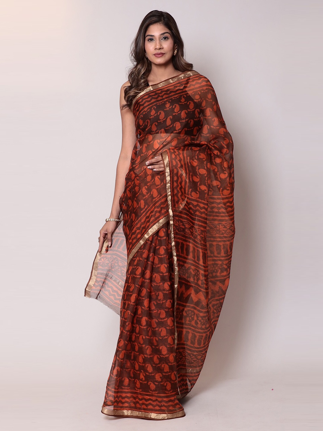 

ZARI Ethnic Motif Zari Silk Blend Kota Saree, Orange